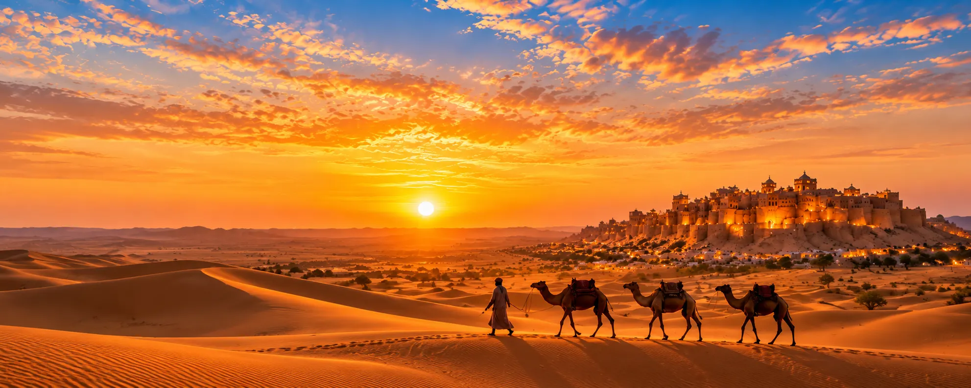 Camel caravan walking across Thar sand dunes in Jaisalmer at sunset