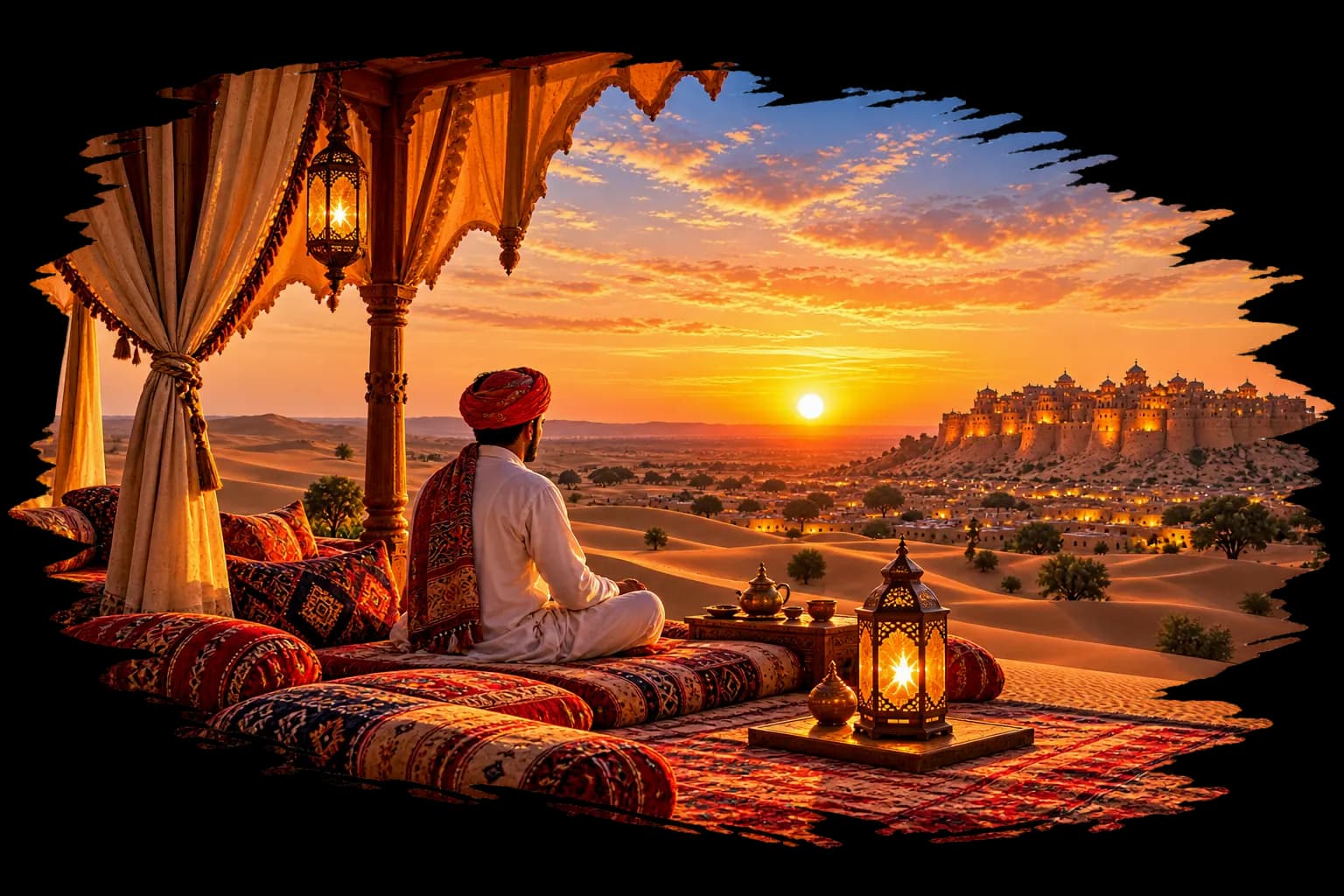 Traditional traveler enjoying sunset over Thar desert sand dunes and Jaisalmer Fort