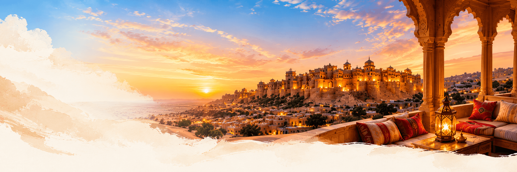 Jaisalmer Golden Fort at sunset with traditional jharokha balcony and glowing lanterns