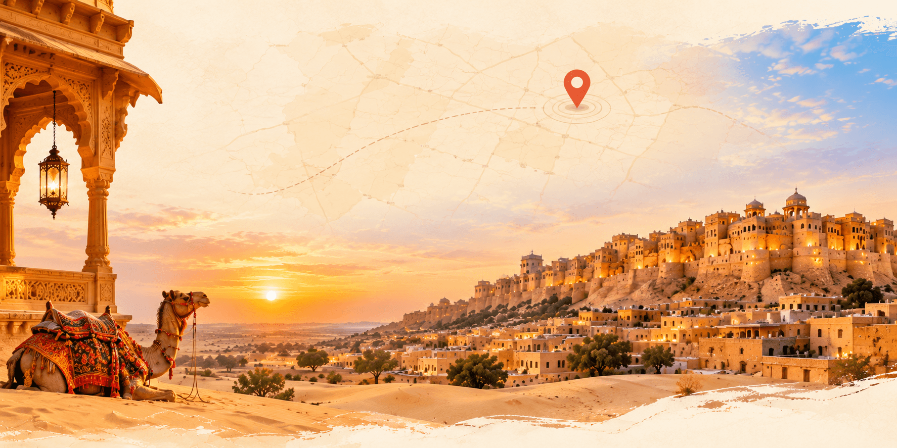 Our Location Map in Jaisalmer with desert dunes, Fort backdrop, and camel caravan