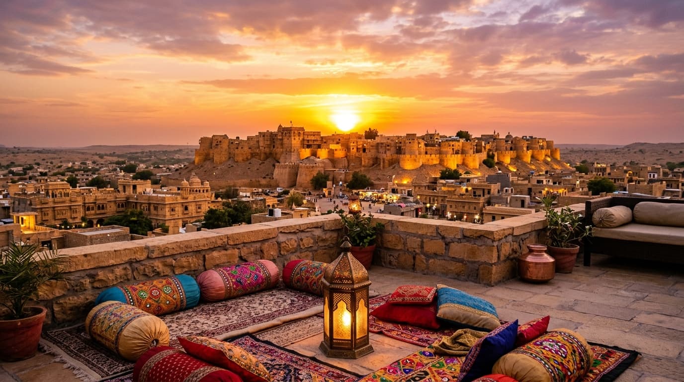 Jaisalmer Golden Fort at sunset with traditional rooftop terrace